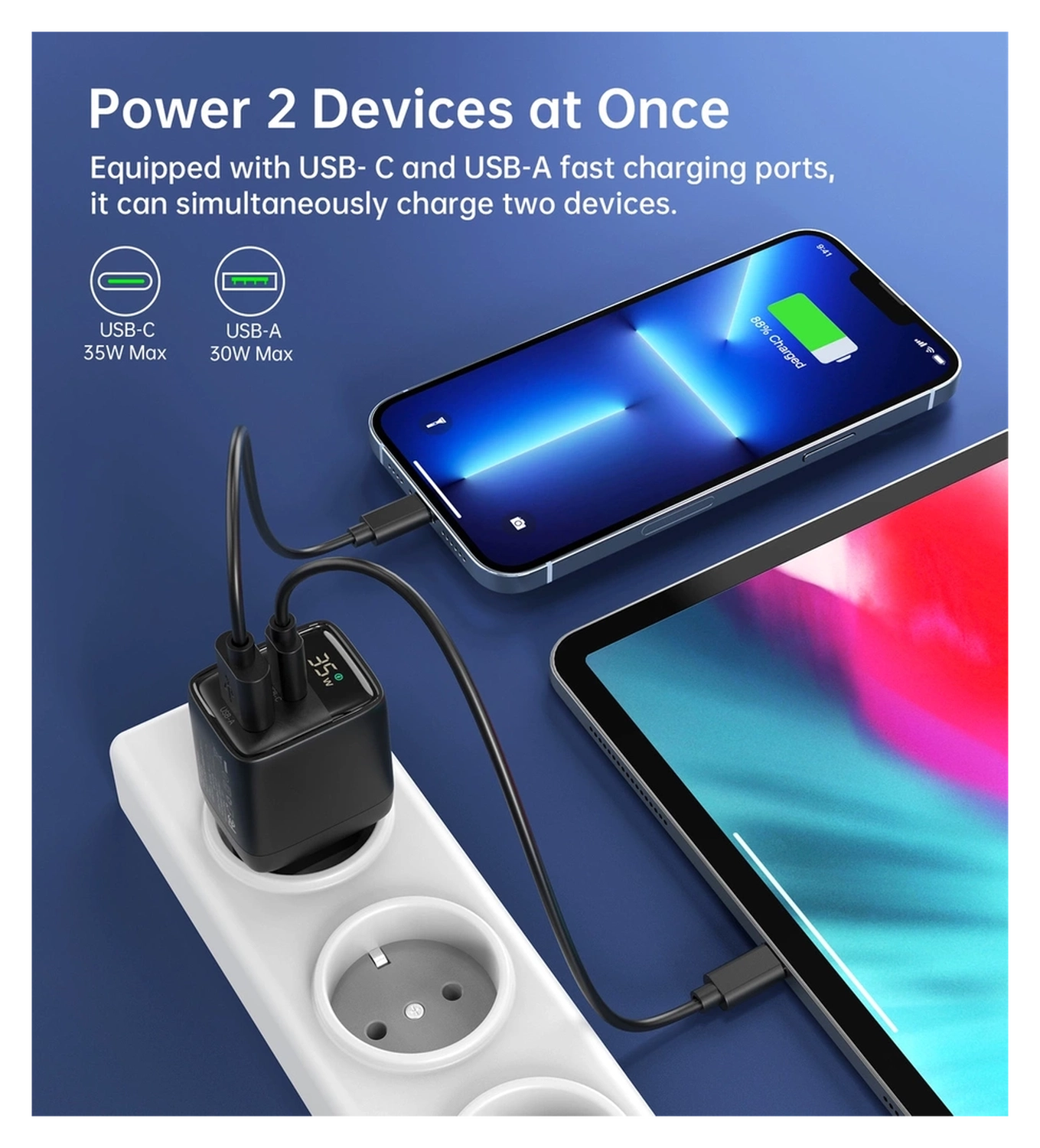 Choetech USB/USB-C GaN Snellader 35W PD Adapter Fast Charge Zwart afbeelding 4