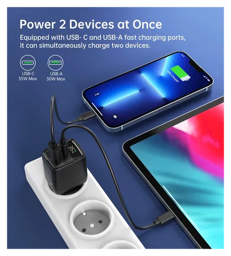 Choetech USB/USB-C GaN Snellader 35W PD Adapter Fast Charge Zwart afbeelding 4