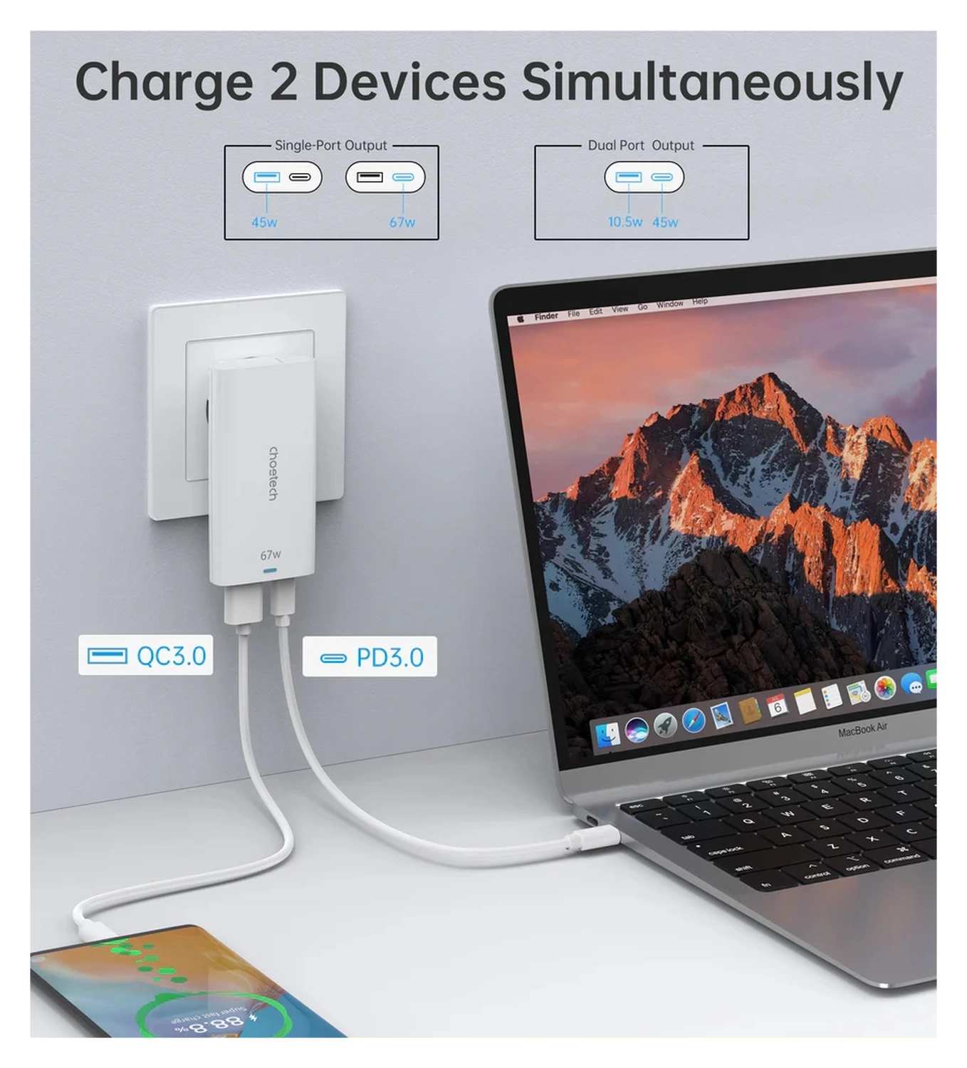Choetech Power Delivery Oplader USB-C / USB Fast Charge 67W Wit afbeelding 3