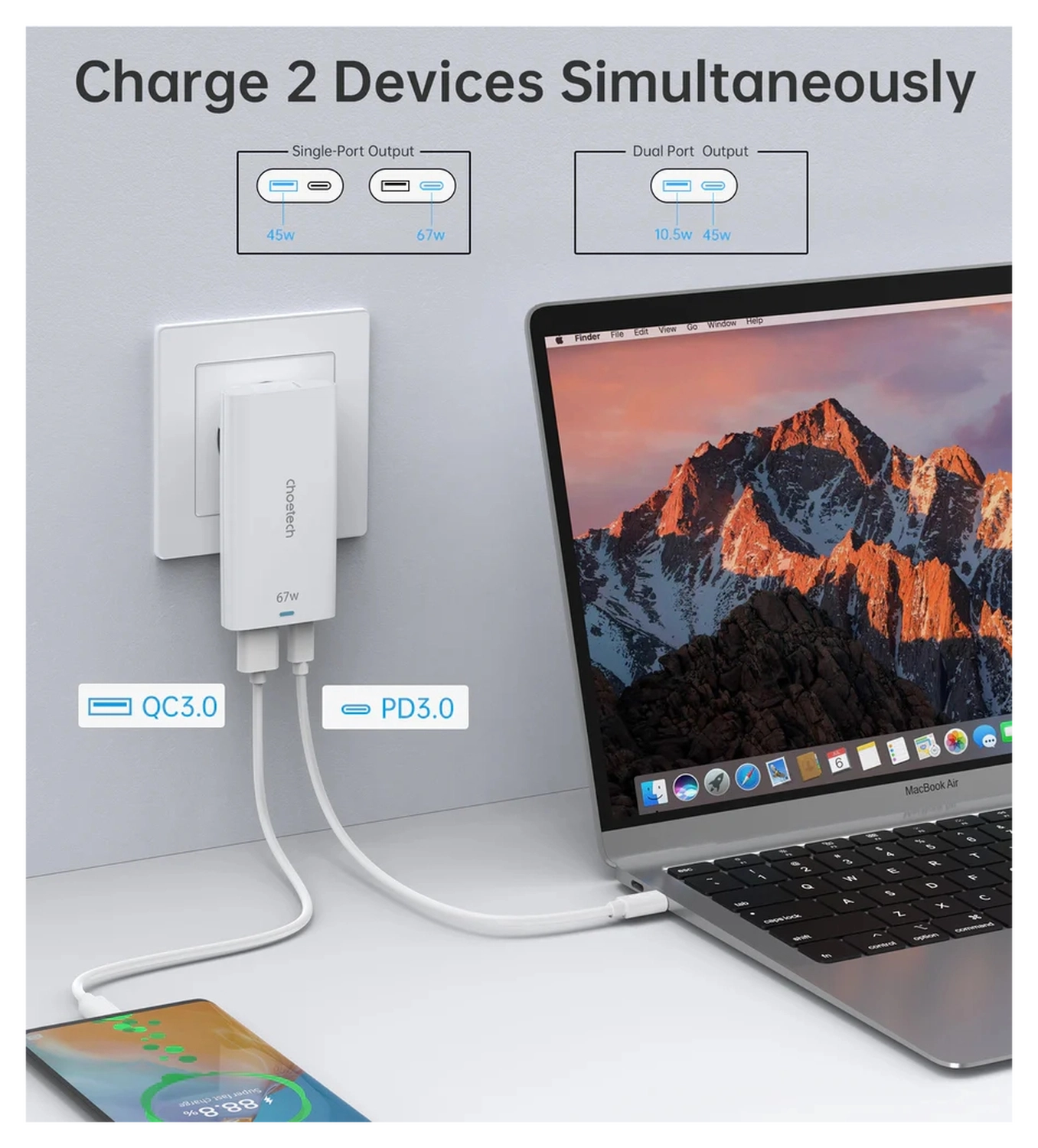 Choetech Power Delivery Oplader USB-C / USB Fast Charge 67W Zwart afbeelding 3