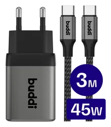 Buddi Power 45W USB-C Oplader met USB-C Kabel 3M Grijs afbeelding
