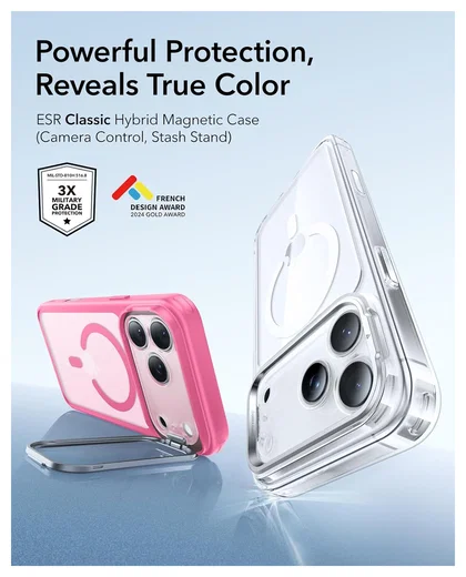 ESR Classic Hybrid MagSafe iPhone 17 Pro Hoesje Stand Roze afbeelding 3