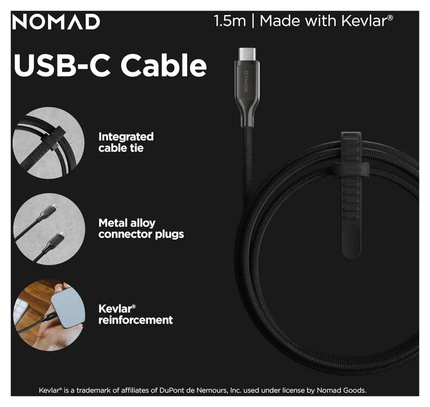Nomad Kevlar USB-C naar USB-C Kabel 240W Power Delivery Fast Charge 1.5M Wit afbeelding 4