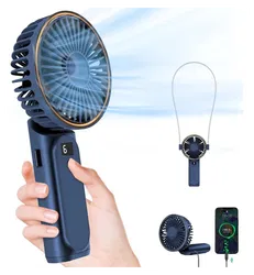 Draagbare Mini Hand Ventilator Oplaadbaar met Nekkoord Blauw afbeelding