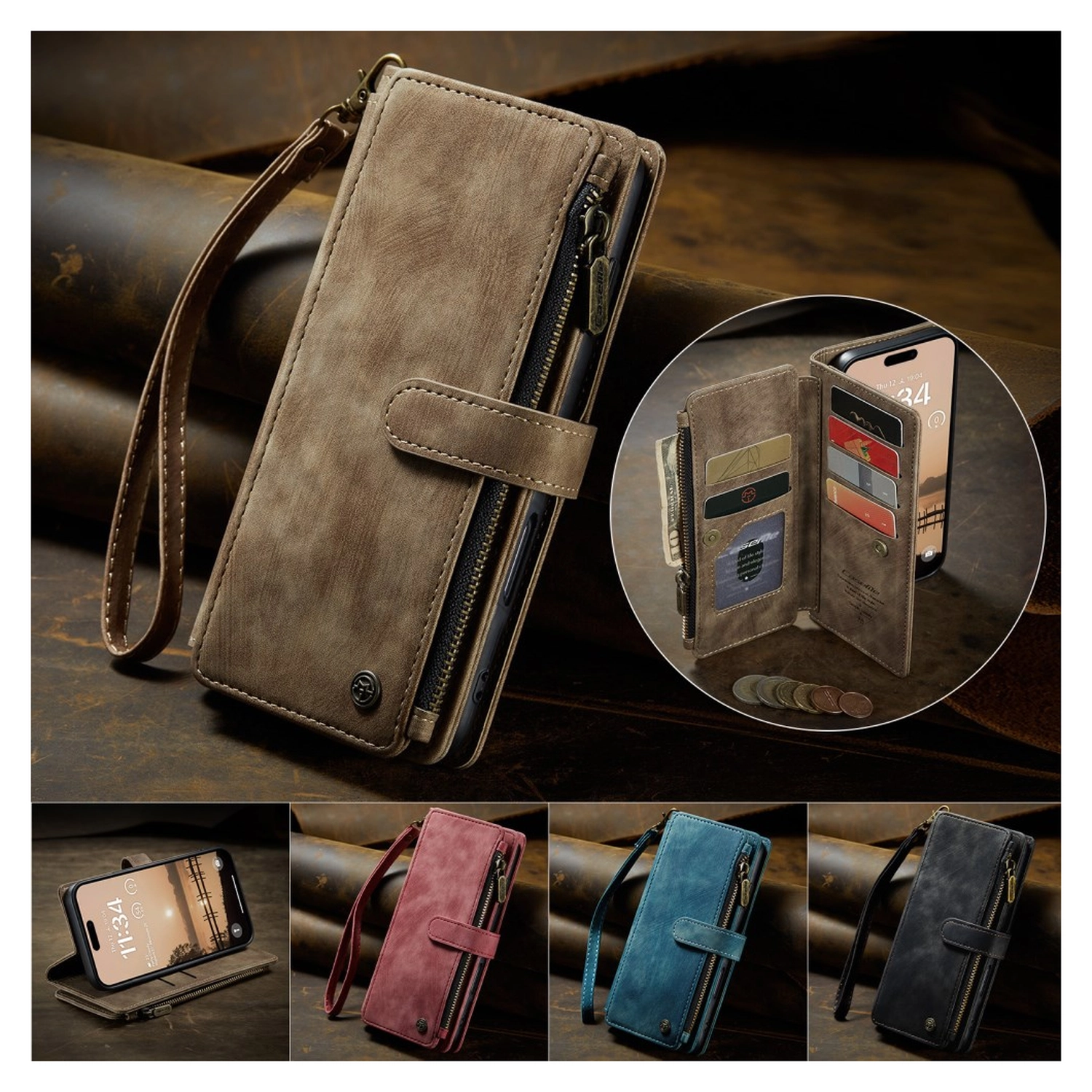 CaseMe C30 Apple iPhone 17 Pro Hoesje Pasjeshouder Book Case Bruin afbeelding 10