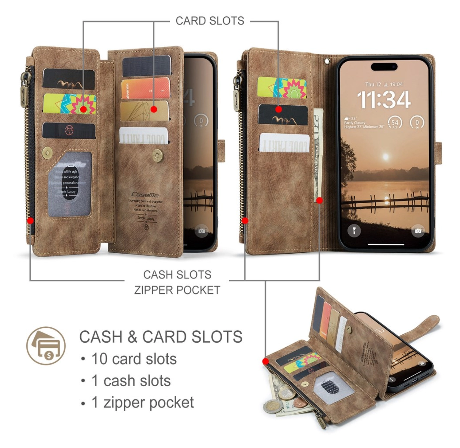 CaseMe C30 Apple iPhone 17 Pro Max Hoesje Pasjeshouder Book Case Bruin afbeelding 3