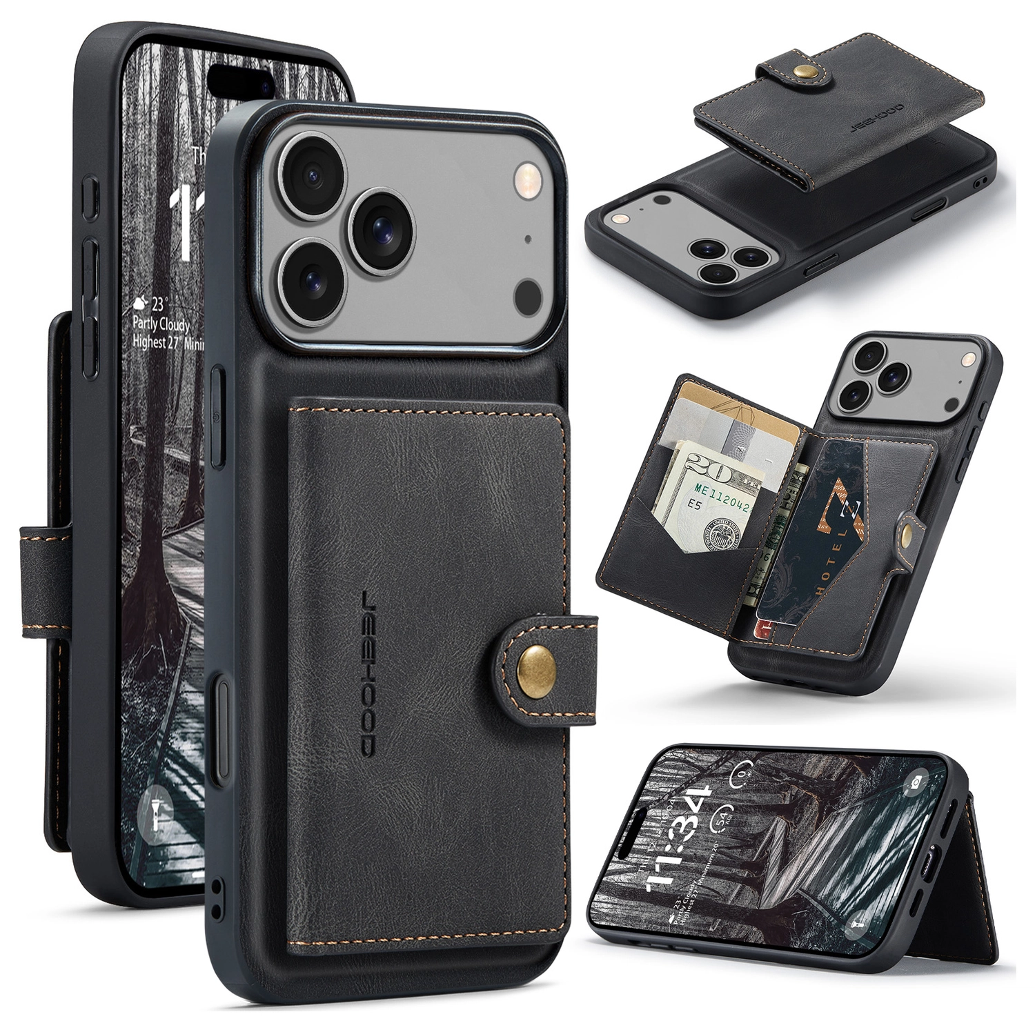 CaseMe JH-01 Apple iPhone 17 Pro Hoesje met Magnetische Kaarthouder Zwart afbeelding 4