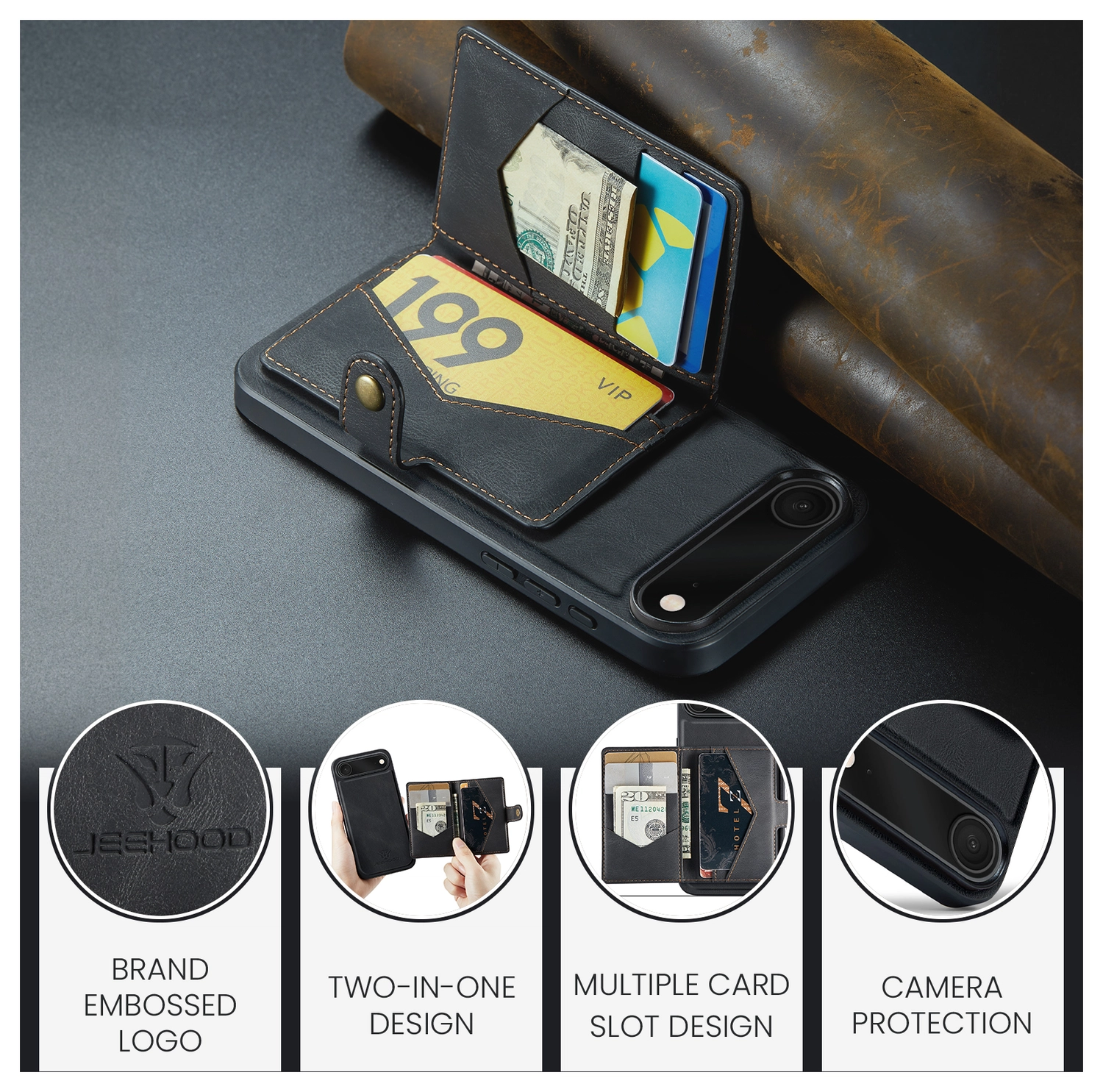 CaseMe JH-01 Apple iPhone Air Hoesje met Magnetische Kaarthouder Zwart afbeelding 4