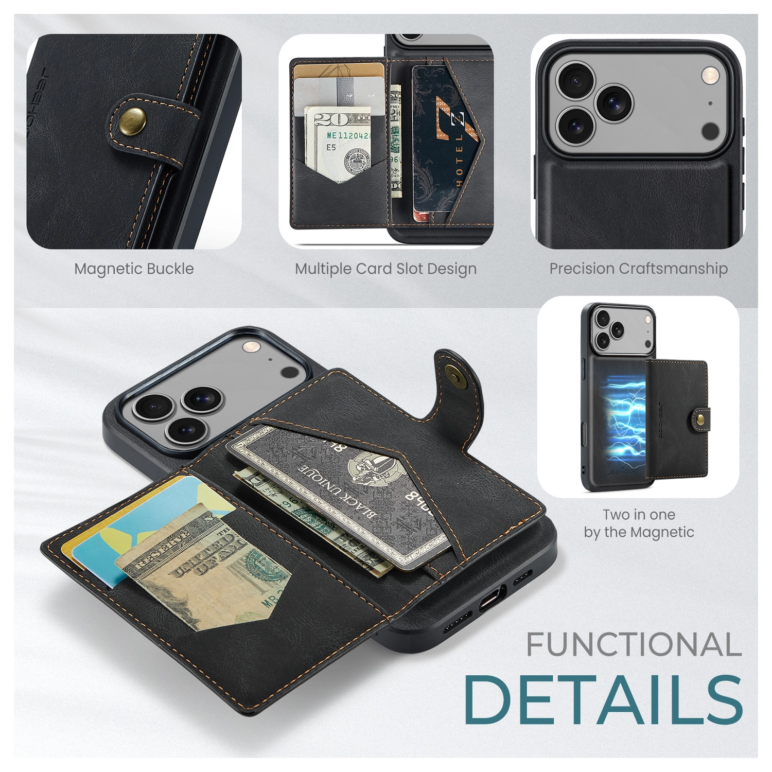 CaseMe JH-01 Apple iPhone 17 Pro Max Hoesje met Magnetische Kaarthouder Zwart afbeelding 5