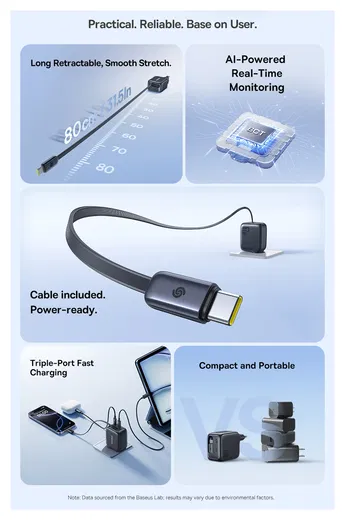 Baseus EnerCore CJ11 67W USB-C Snellader met Ingebouwde USB-C Kabel Zwart afbeelding 3