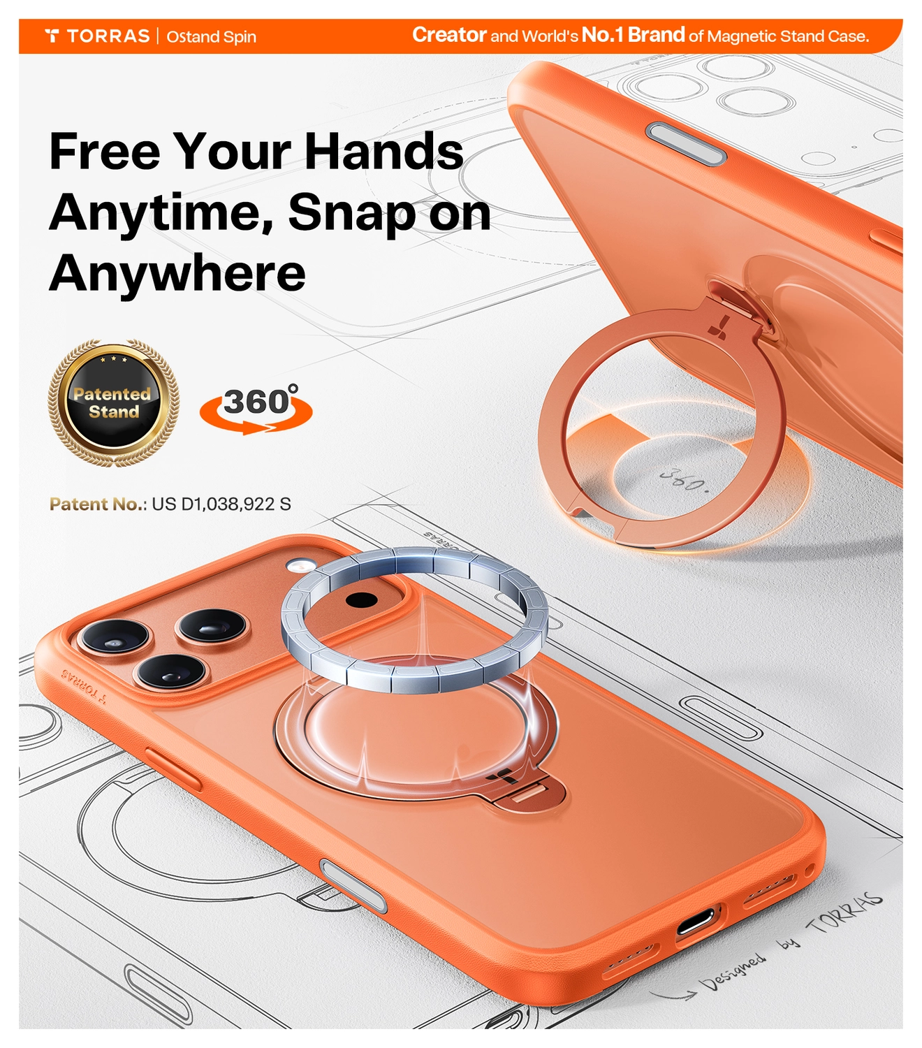 TORRAS Ostand Spin Apple iPhone 17 Pro Hoesje 360° MagSafe Stand Oranje afbeelding 5