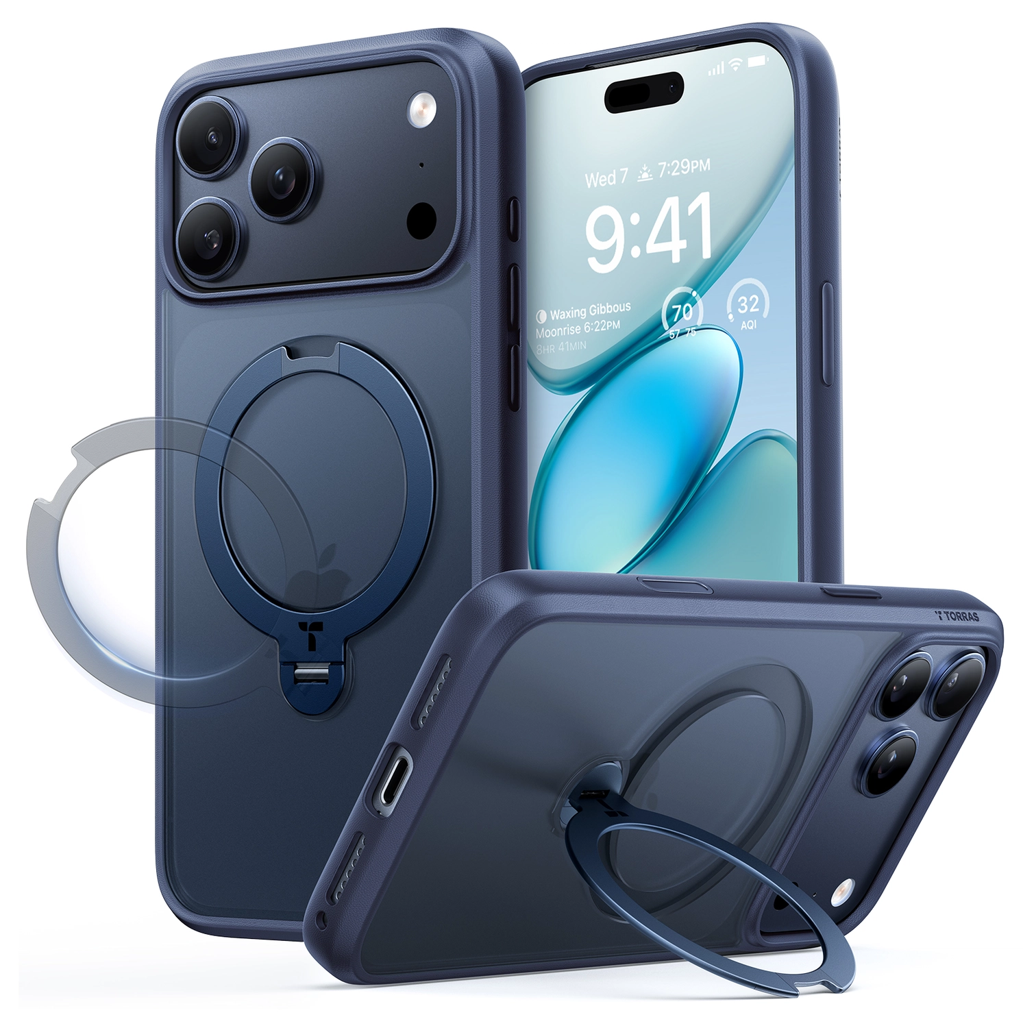 TORRAS Ostand Spin Apple iPhone 17 Pro Hoesje 360° MagSafe Stand Blauw afbeelding 1