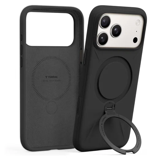 TORRAS Q Pro Silicone iPhone 17 Pro Hoesje MagSafe 360° Kickstand Zwart afbeelding 1