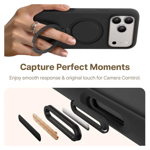 TORRAS Q Pro Silicone iPhone 17 Pro Hoesje MagSafe 360° Kickstand Zwart afbeelding 5