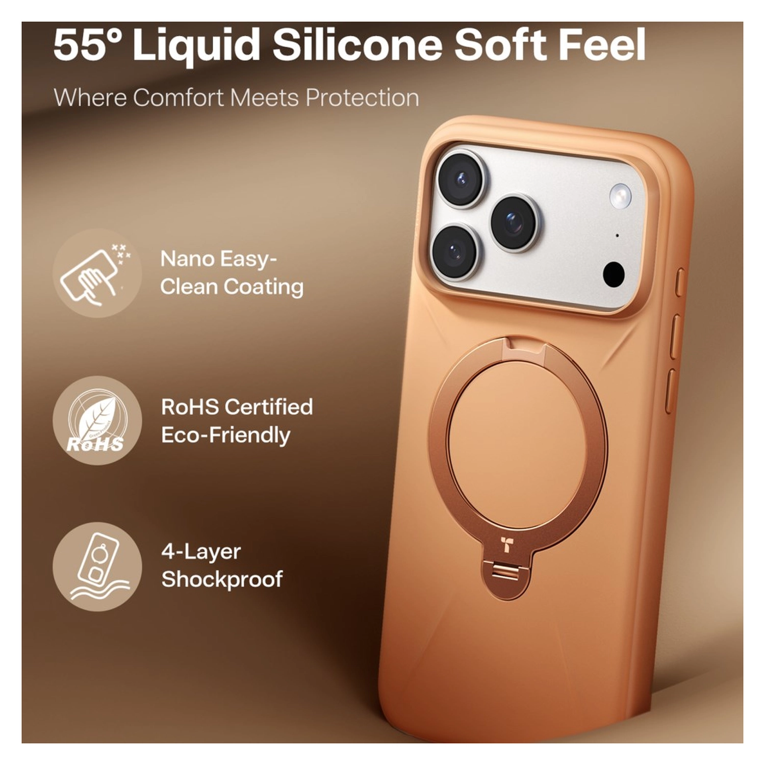 TORRAS Q Pro Silicone iPhone 17 Pro Hoesje MagSafe 360° Kickstand Oranje afbeelding 2