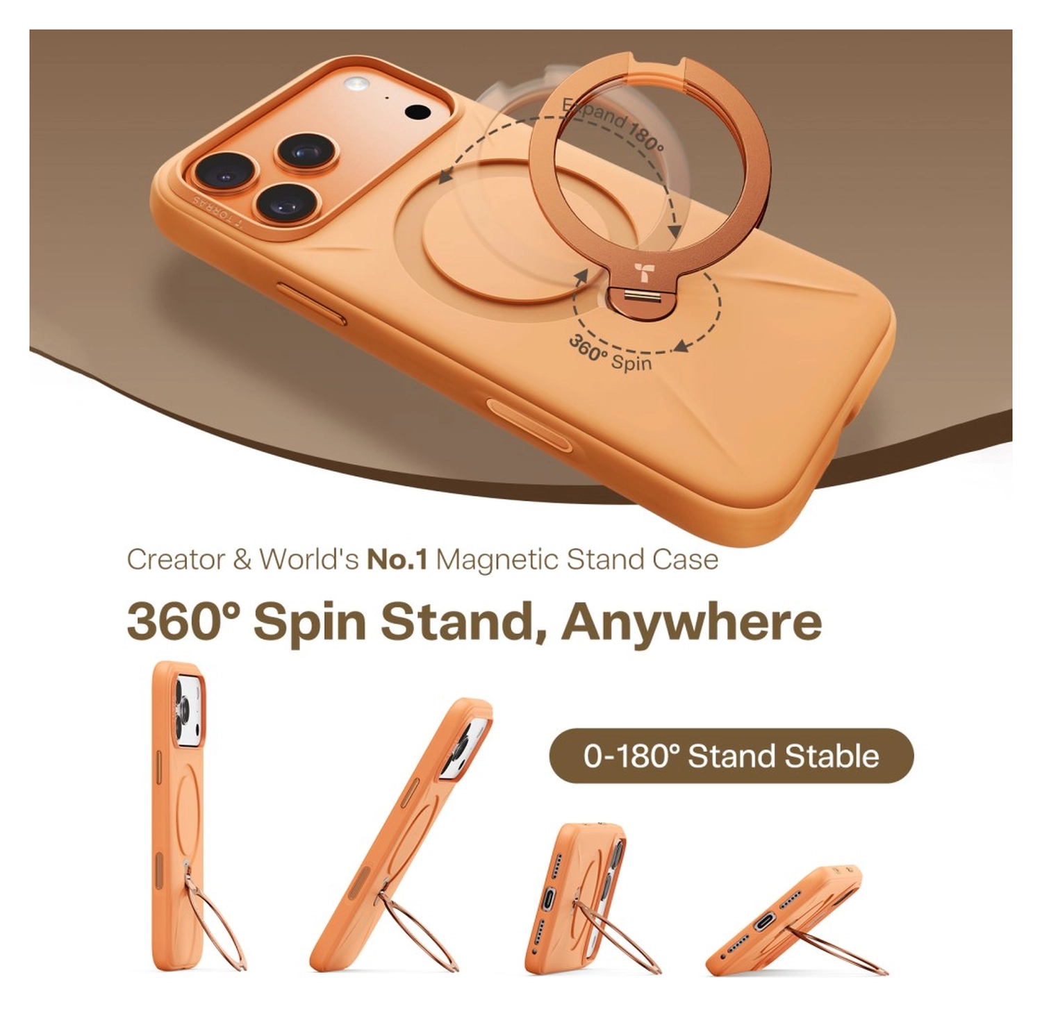 TORRAS Q Pro Silicone iPhone 17 Pro Hoesje MagSafe 360° Kickstand Oranje afbeelding 3