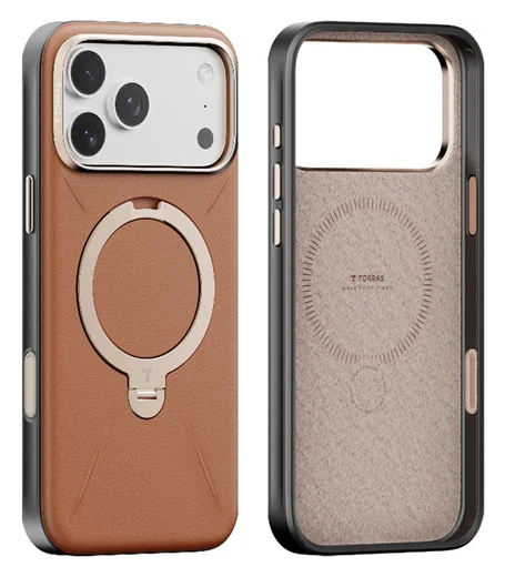 TORRAS Q Pro Leather iPhone 17 Pro Hoesje MagSafe 360° Kickstand Bruin afbeelding 1