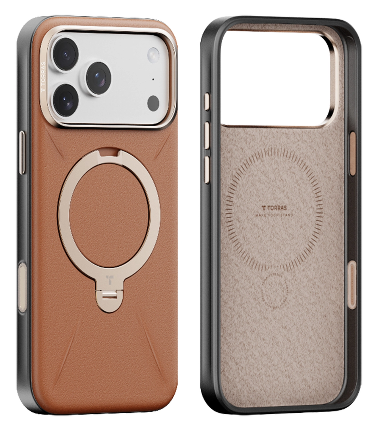 TORRAS Q Pro Leather iPhone 17 Pro Max Hoesje MagSafe 360° Kickstand Bruin afbeelding 1