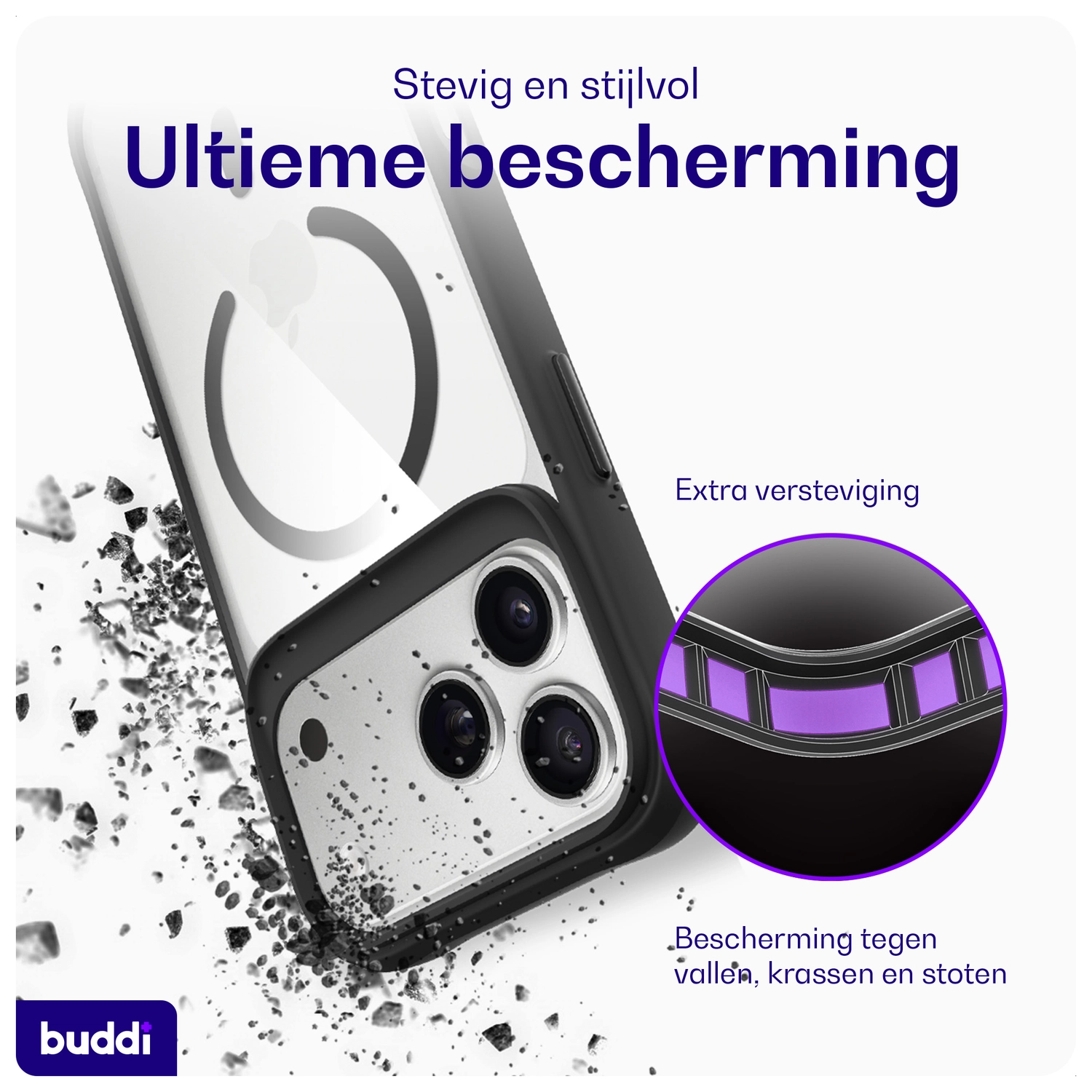 Buddi Hybrid iPhone 17 Pro Max Hoesje MagSafe Back Cover Transparant Zwart afbeelding 2