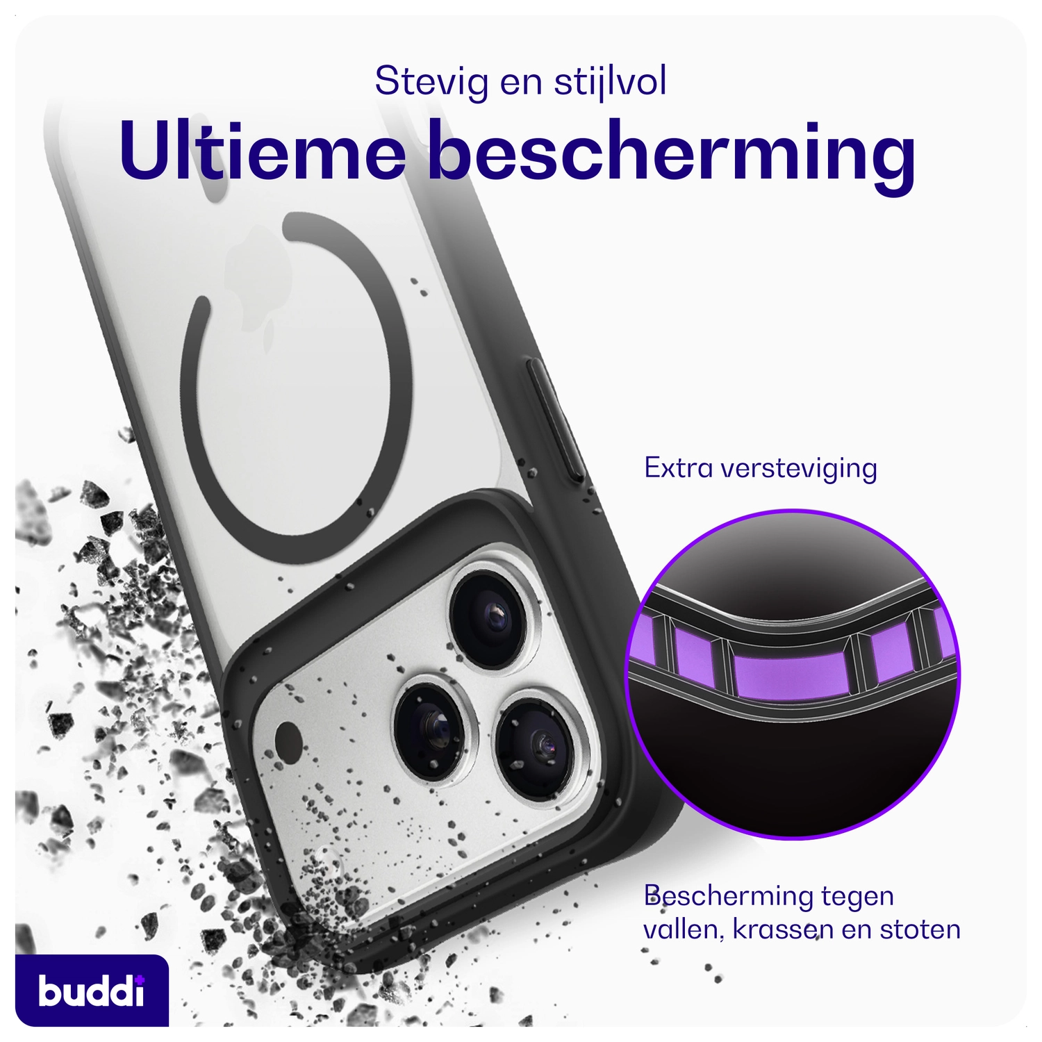 Buddi Hybrid iPhone 17 Pro Max Hoesje MagSafe Back Cover Matte Zwart afbeelding 3