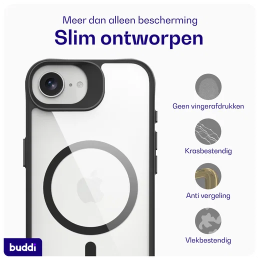 Buddi Hybrid Apple iPhone 17e / 16e Hoesje MagSafe Back Cover Transparant Zwart afbeelding 7