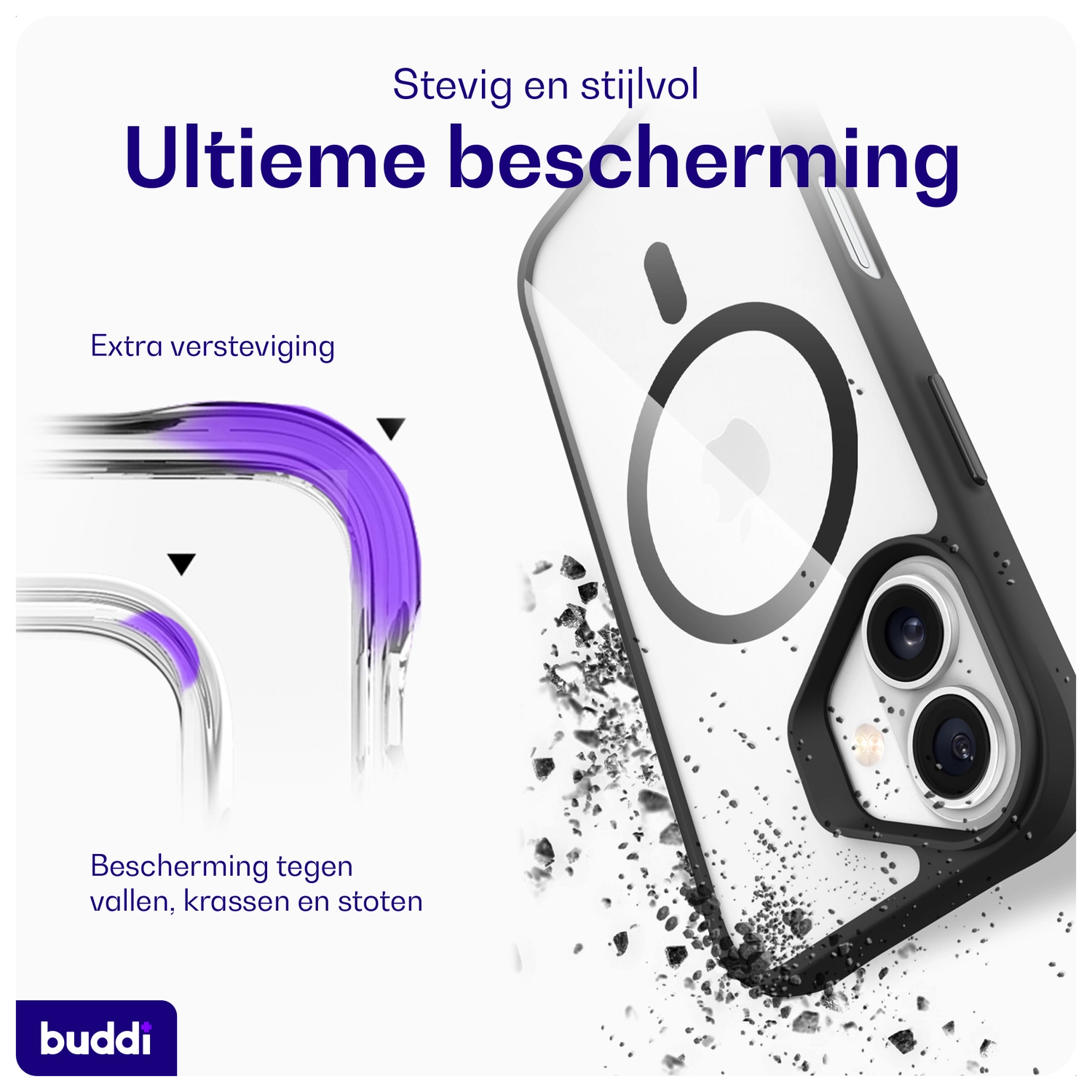 Buddi Hybrid Apple iPhone 16 Hoesje MagSafe Back Cover Transparant Zwart afbeelding 3