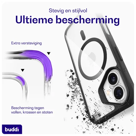 Buddi Hybrid Apple iPhone 16 Hoesje MagSafe Back Cover Transparant Zwart afbeelding 3