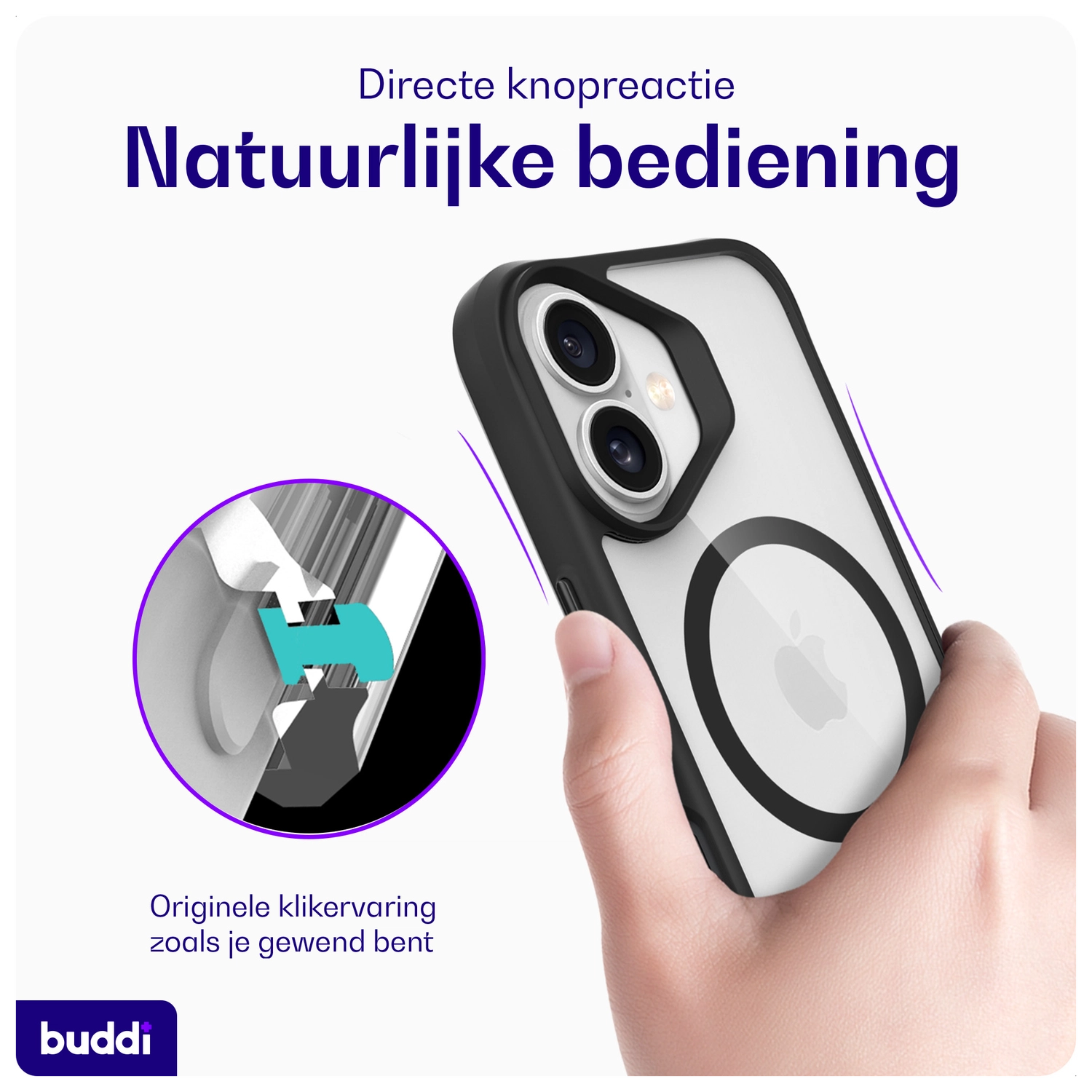Buddi Hybrid Apple iPhone 16 Hoesje MagSafe Back Cover Transparant Zwart afbeelding 6