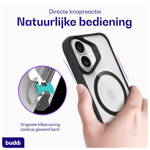 Buddi Hybrid Apple iPhone 16 Hoesje MagSafe Back Cover Transparant Zwart afbeelding 6