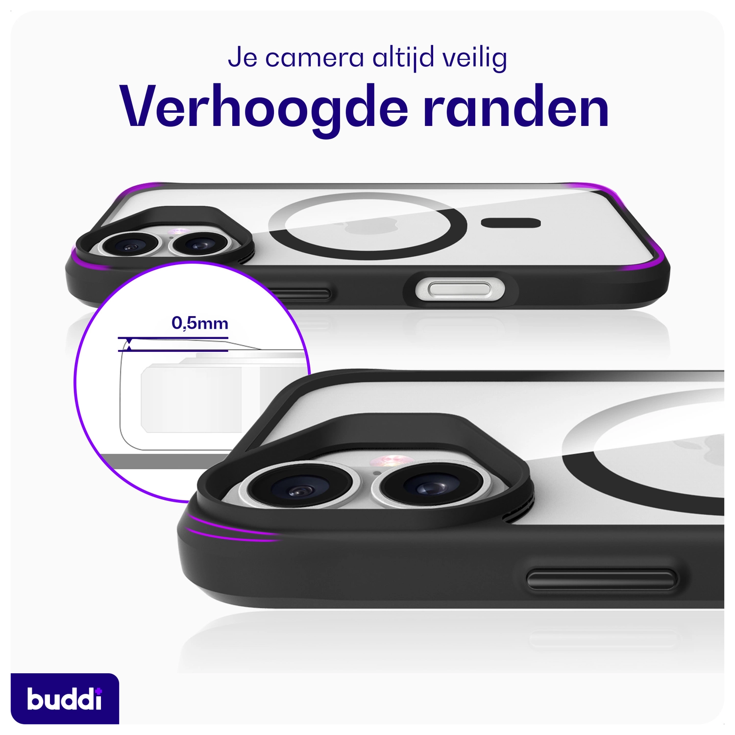Buddi Hybrid Apple iPhone 16 Hoesje MagSafe Back Cover Transparant Zwart afbeelding 7