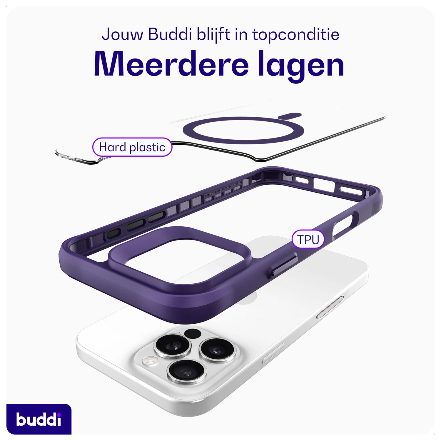 Buddi Hybrid Apple iPhone 16 Pro Hoesje MagSafe Back Cover Transparant Paars afbeelding 9