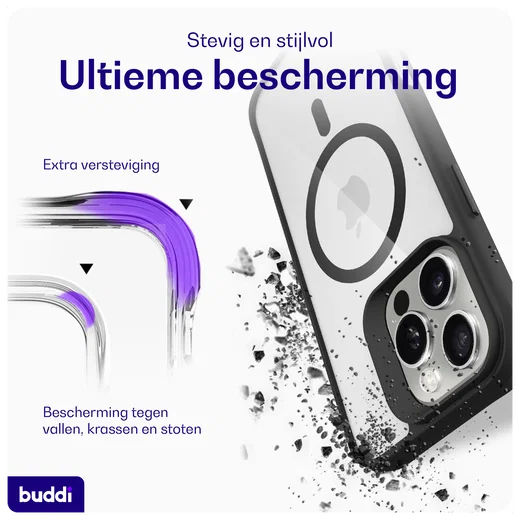 Buddi Hybrid Apple iPhone 16 Pro Max Hoesje MagSafe Back Cover Transparant Zwart afbeelding 3