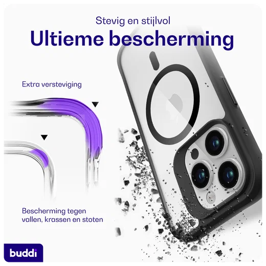 Buddi Hybrid Apple iPhone 15 Pro Max Hoesje MagSafe Back Cover Transparant Zwart afbeelding 2