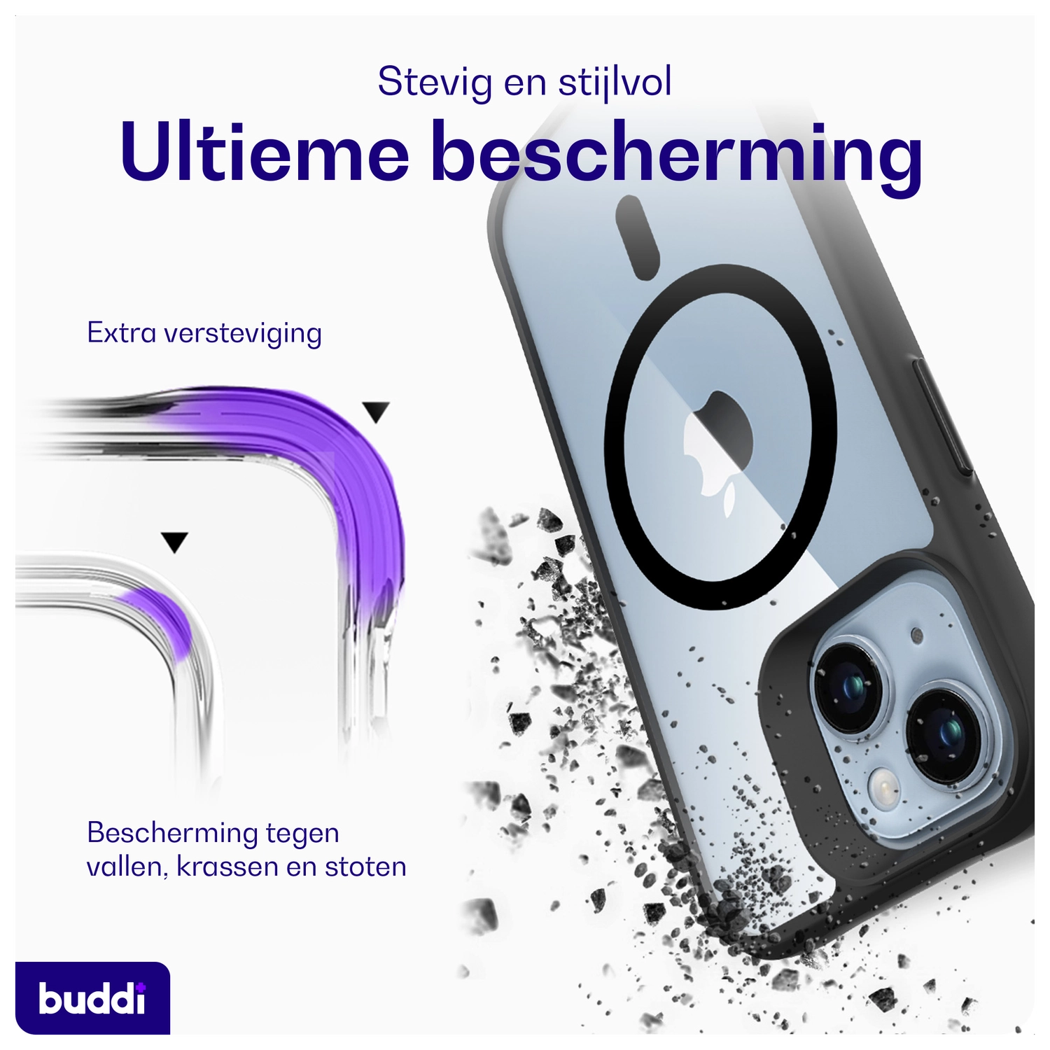 Buddi Hybrid Apple iPhone 15 / 14 / 13 Hoesje MagSafe Transparant Zwart afbeelding 3