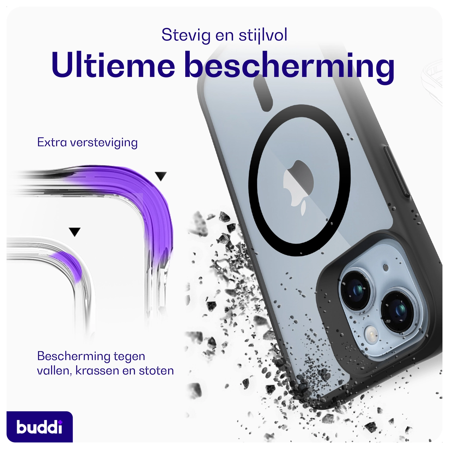 Buddi Hybrid Apple iPhone 15 / 14 / 13 Hoesje MagSafe Back Cover Matte Zwart afbeelding 3