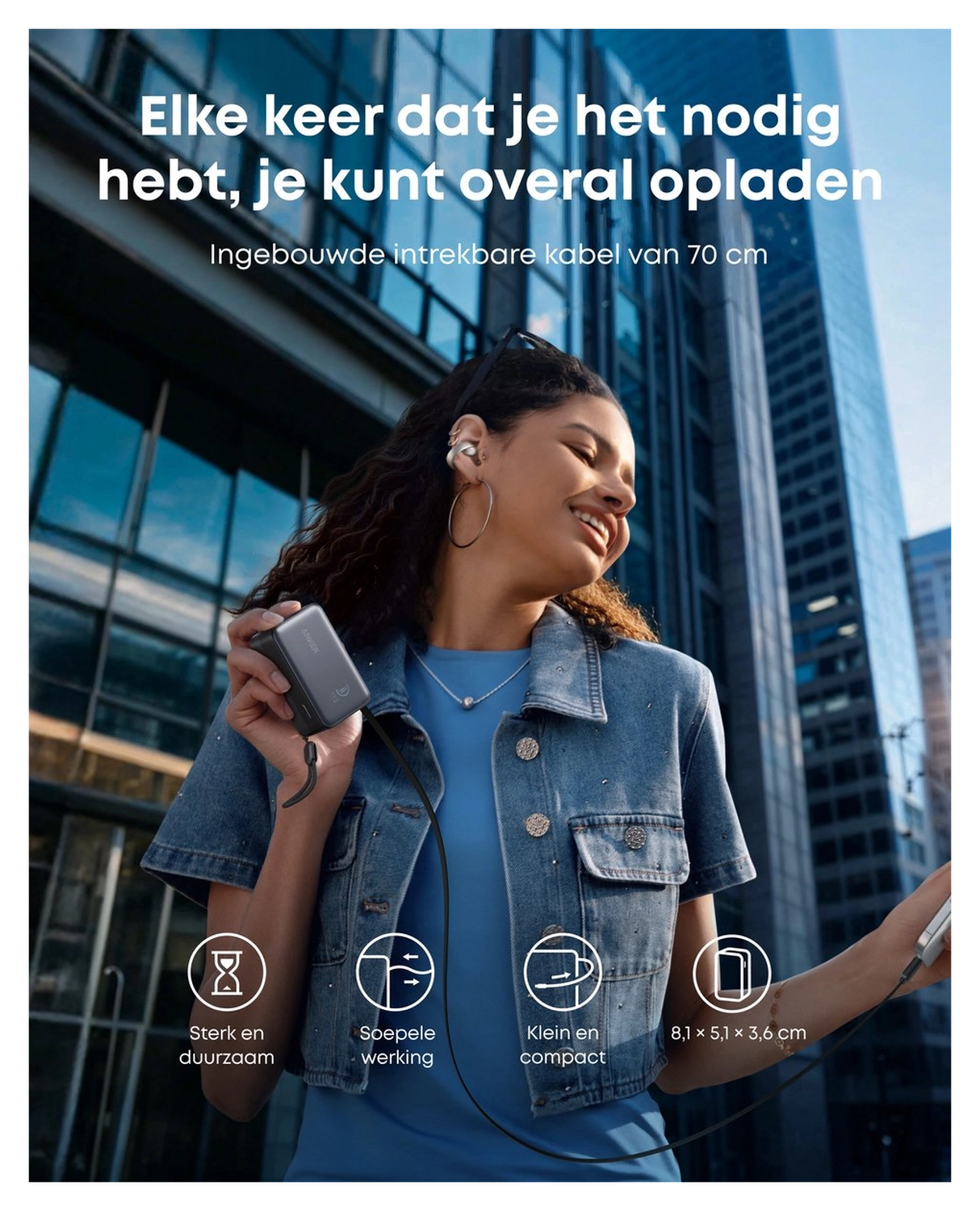 Anker Nano (45W) 10.000 mAh Powerbank Vaste USB-C Kabel Zwart afbeelding 2