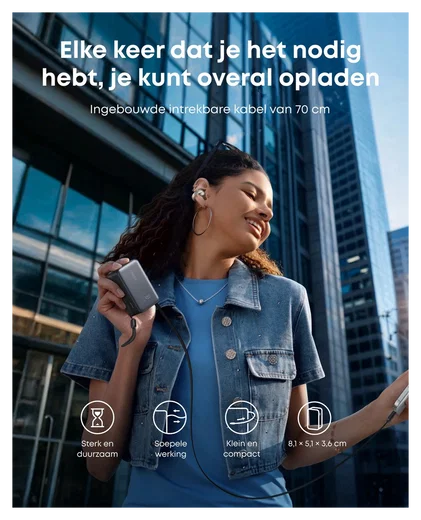 Anker Nano (45W) 10.000 mAh Powerbank Vaste USB-C Kabel Zwart afbeelding 2