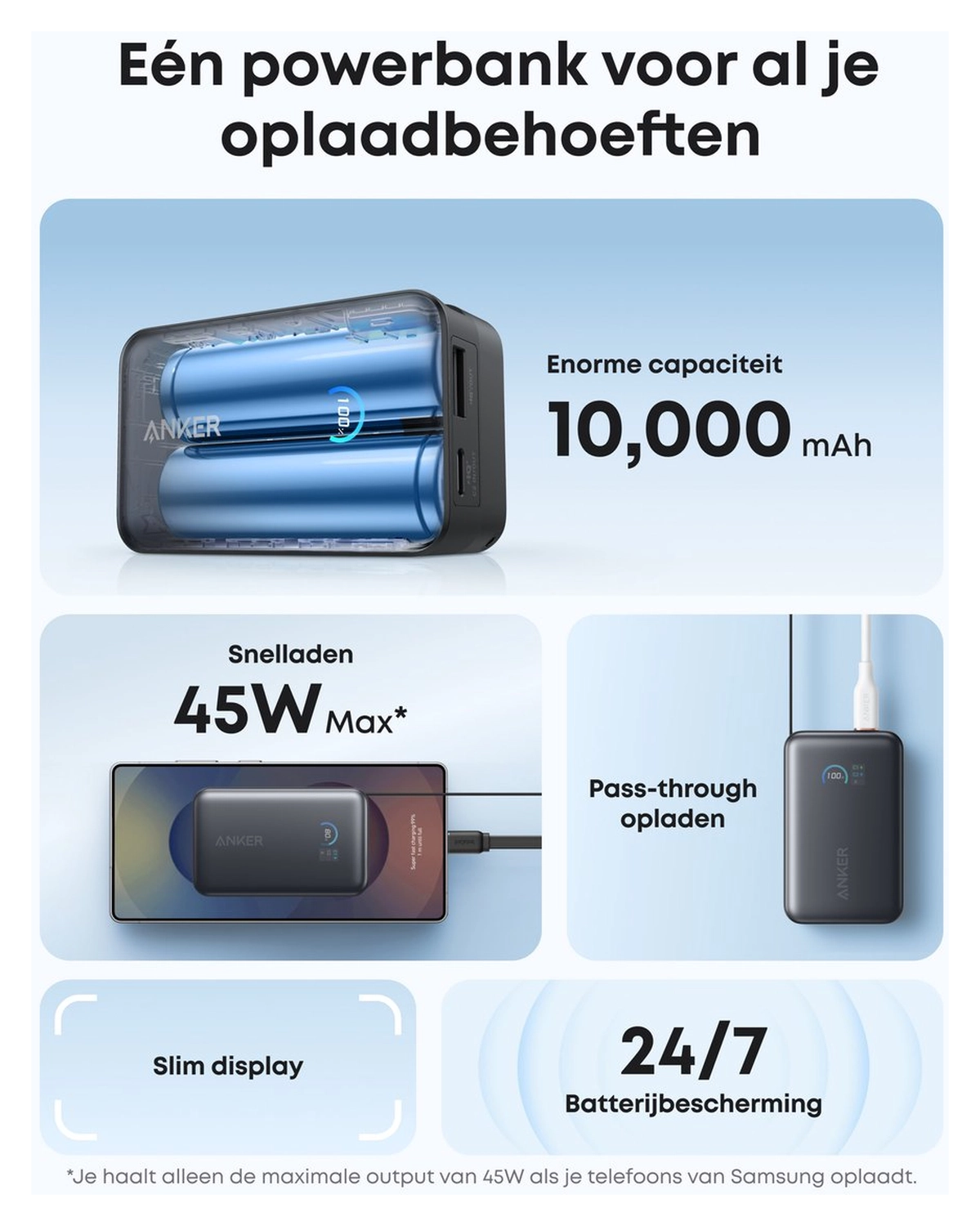 Anker Nano (45W) 10.000 mAh Powerbank Vaste USB-C Kabel Zwart afbeelding 5