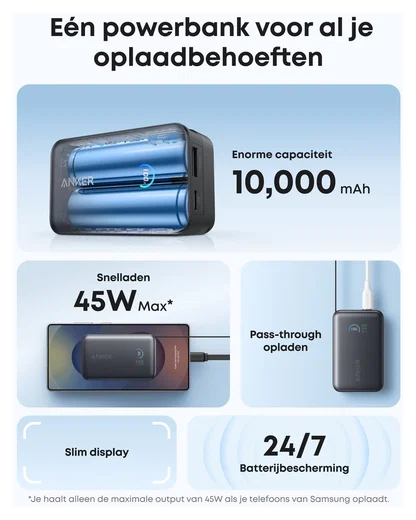 Anker Nano (45W) 10.000 mAh Powerbank Vaste USB-C Kabel Zwart afbeelding 5