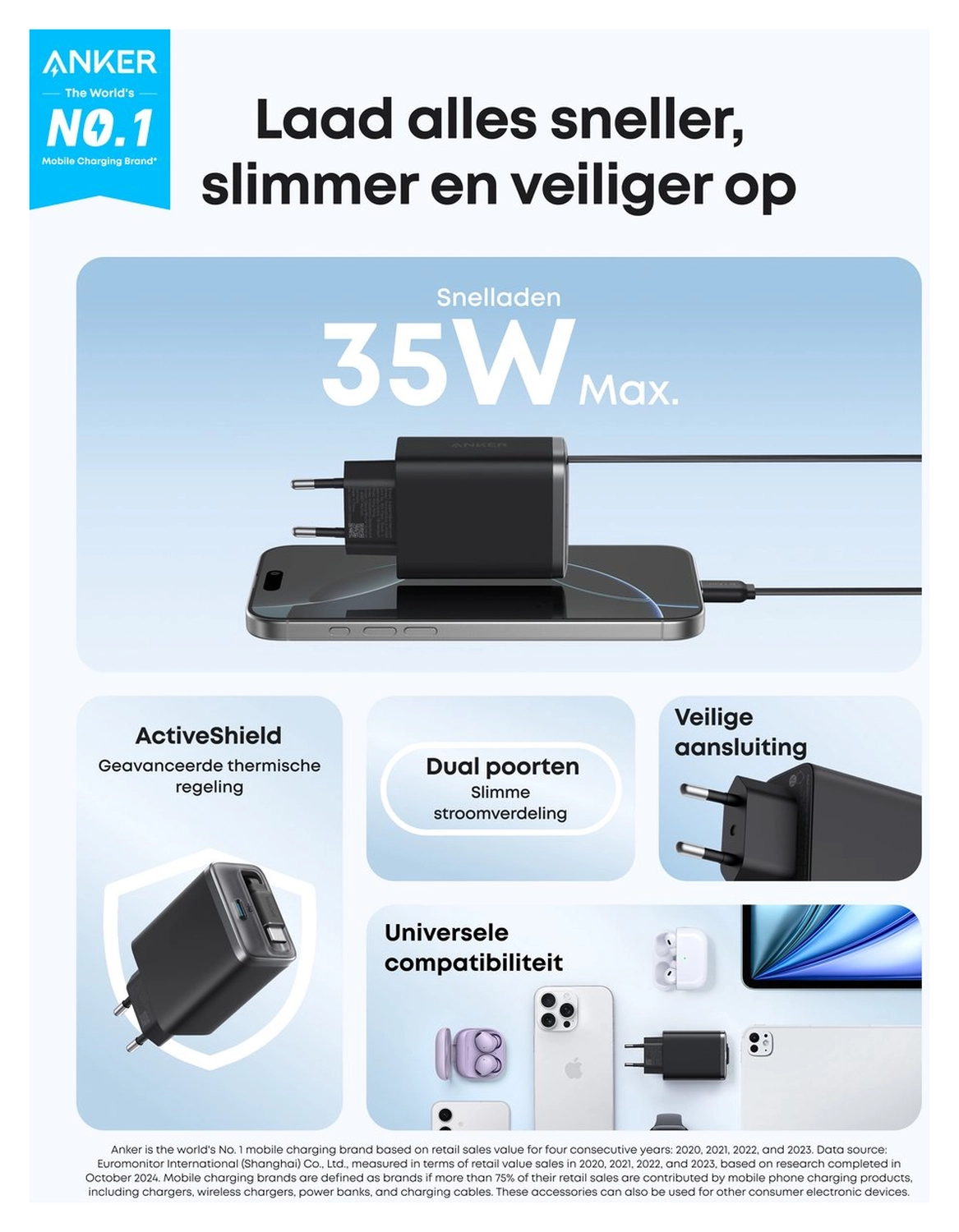 Anker Nano (35W) Oplader met USB-C Poort en Ingebouwde Kabel Zwart afbeelding 2