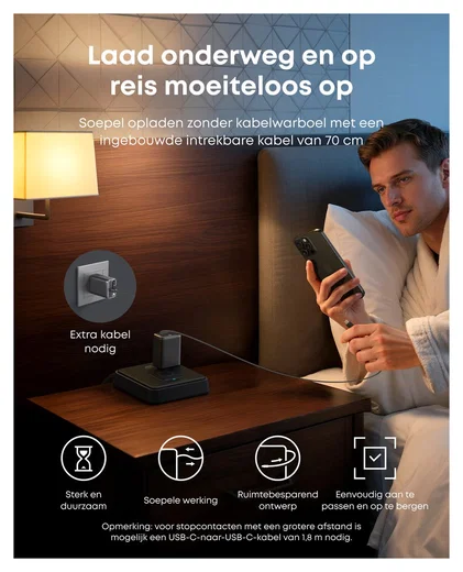 Anker Nano (35W) Oplader met USB-C Poort en Ingebouwde Kabel Zwart afbeelding 3