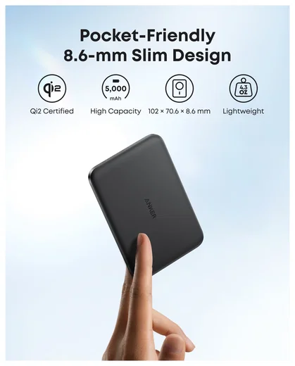 Anker MagGo 15W Slim Qi2 / MagSafe Powerbank met USB-C Poort 5.000mAh Zwart afbeelding 4