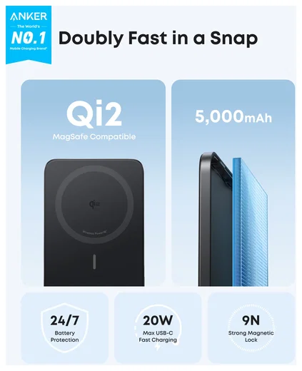 Anker MagGo 15W Slim Qi2 / MagSafe Powerbank met USB-C Poort 5.000mAh Zwart afbeelding 5
