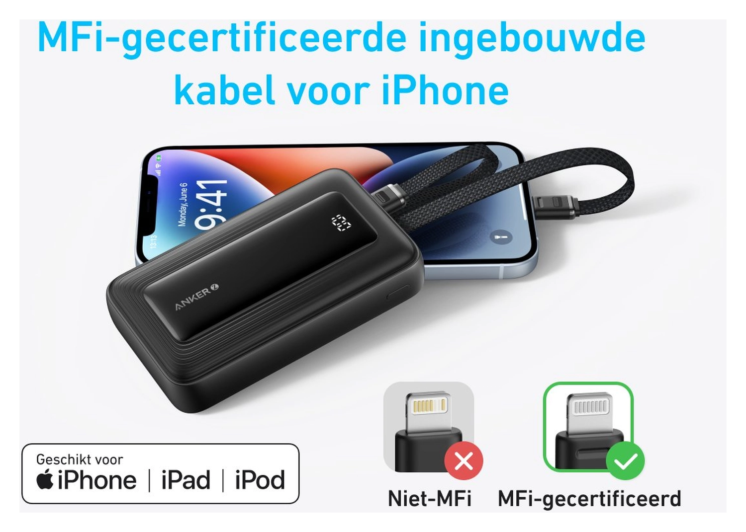 Anker Zolo (30W) 20.000 mAh Powerbank met 2 Ingebouwde MFi USB-C Kabels Zwart afbeelding 3