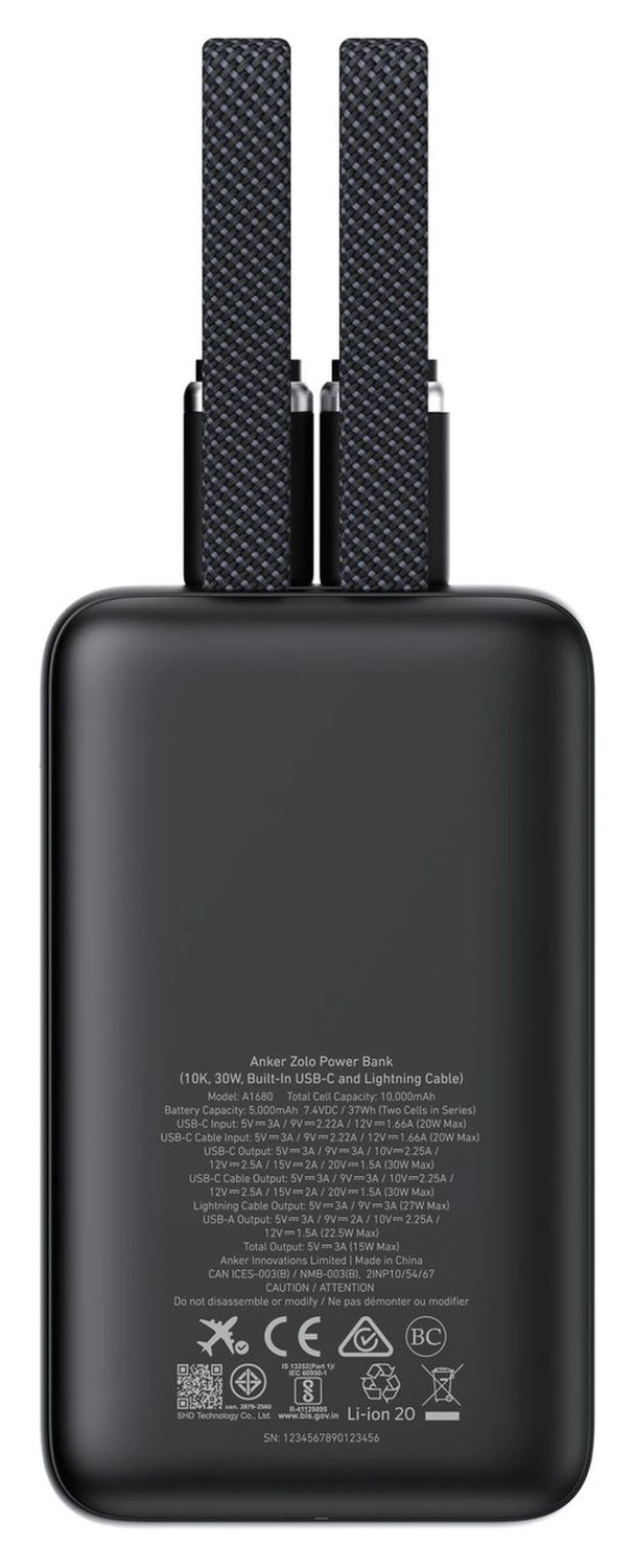 Anker Zolo (30W) 20.000 mAh Powerbank met 2 Ingebouwde MFi USB-C Kabels Zwart afbeelding 7