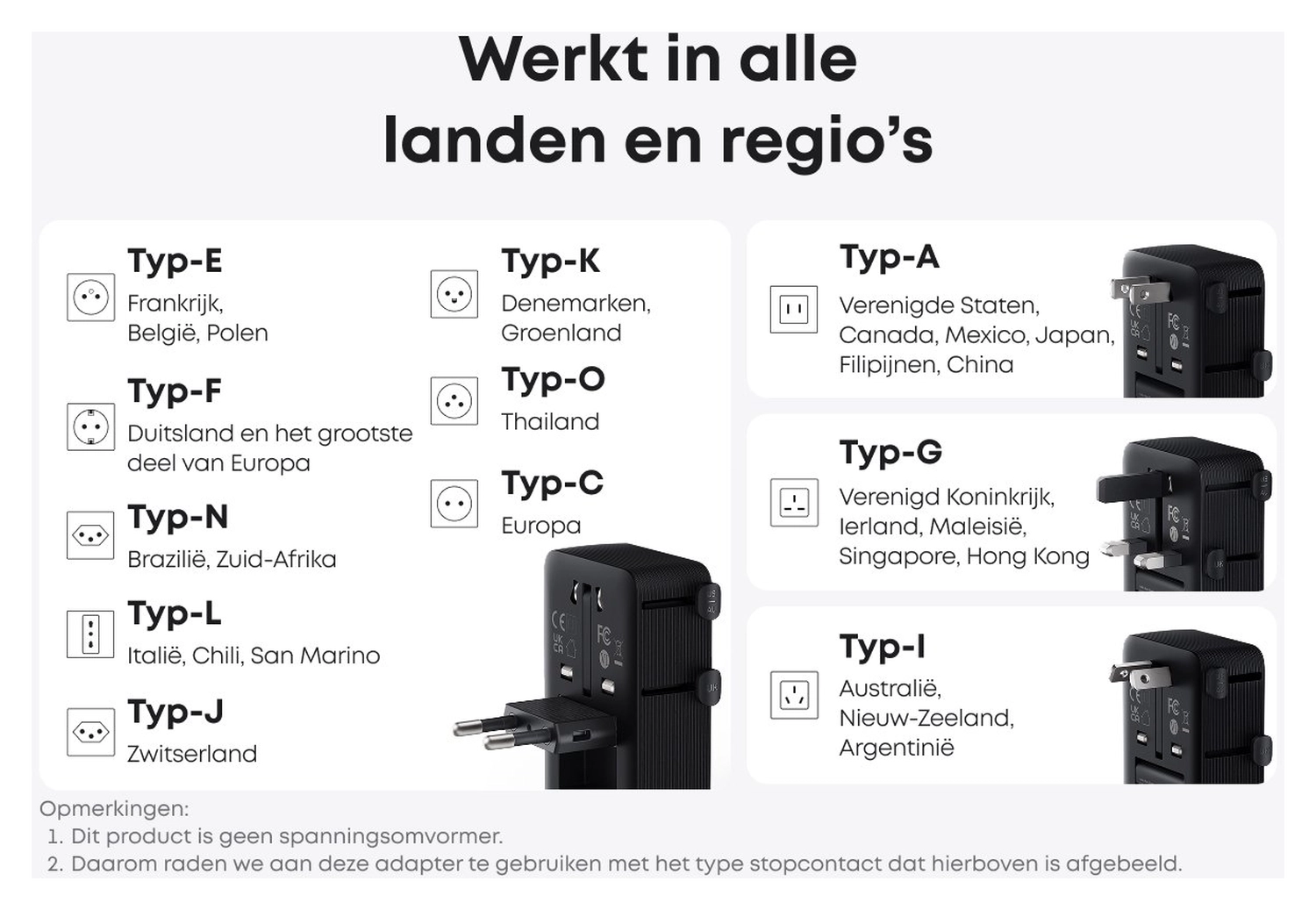 Anker Nano Travel Adapter (20W) Reislader Wereldstekker EU/US/UK/AU Zwart afbeelding 4