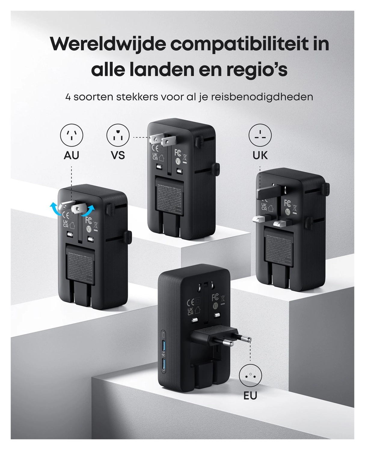 Anker Nano Travel Adapter (20W) Reislader Wereldstekker EU/US/UK/AU Zwart afbeelding 2