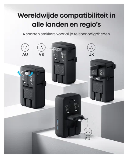 Anker Nano Travel Adapter (20W) Reislader Wereldstekker EU/US/UK/AU Zwart afbeelding 2