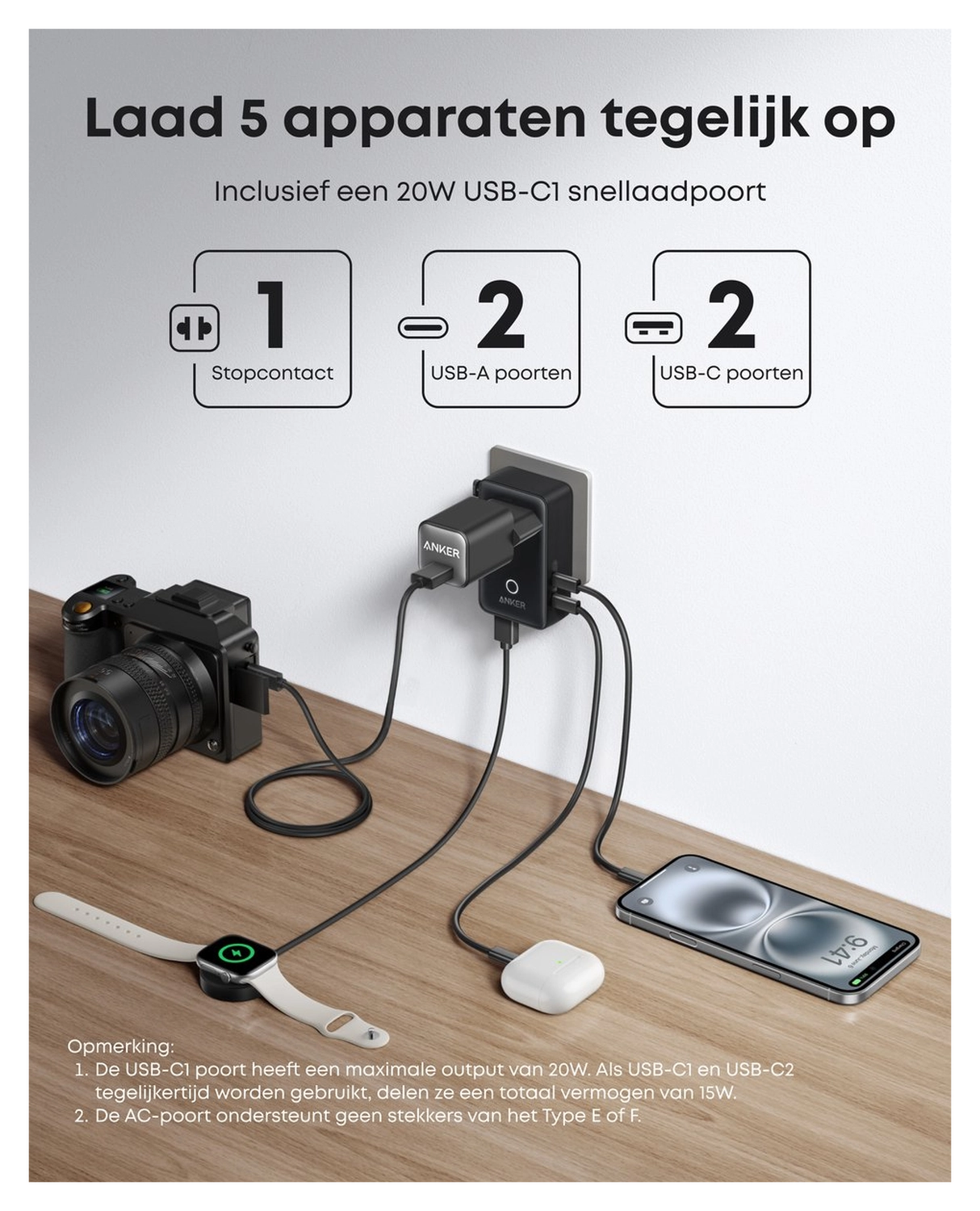 Anker Nano Travel Adapter (20W) Reislader Wereldstekker EU/US/UK/AU Zwart afbeelding 3