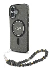 Guess Apple iPhone 16 Hoesje MagSafe Back Cover met Kralen Koord Glitter Zwart afbeelding